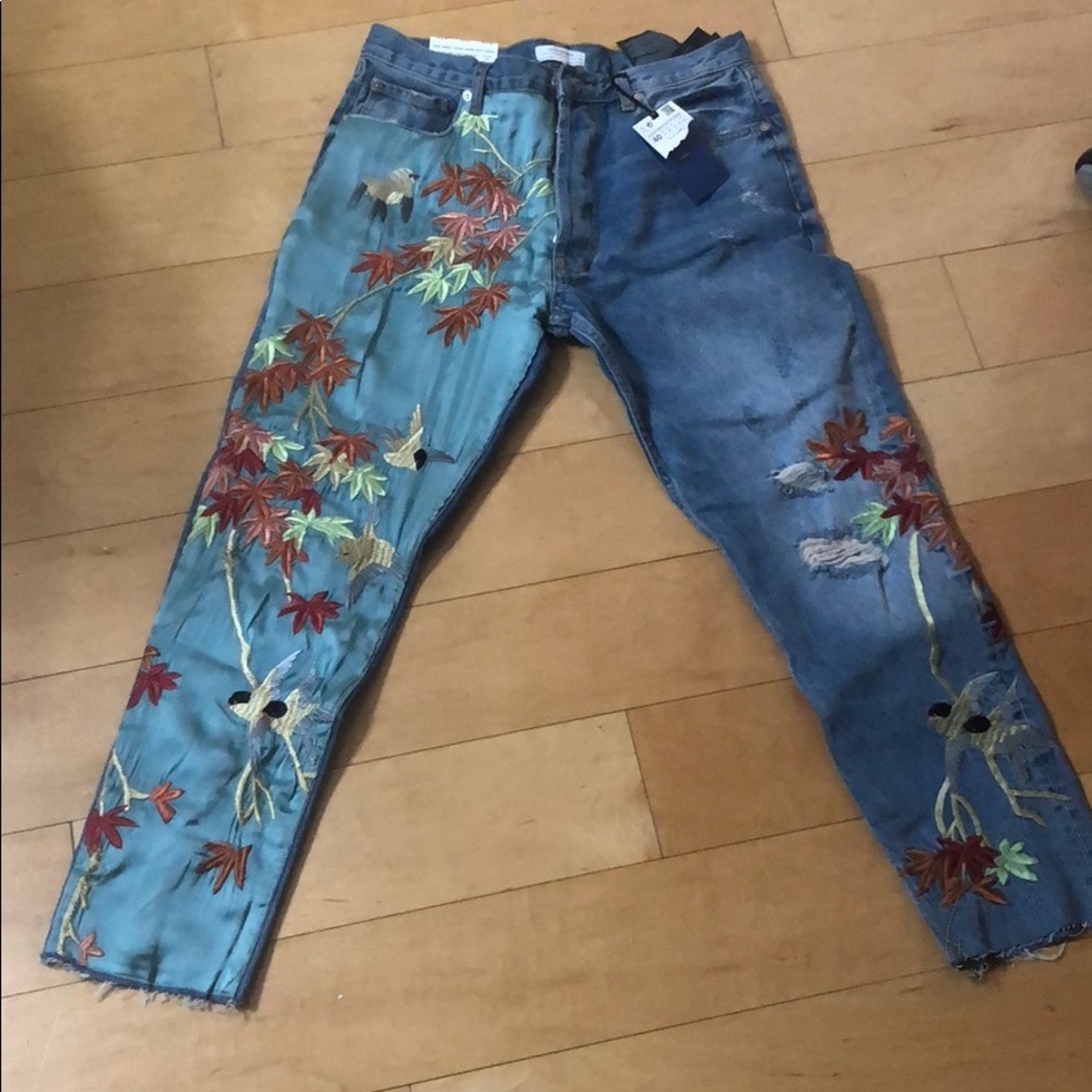 Zara Blue Straight Leg Jeans with Red Floral Design